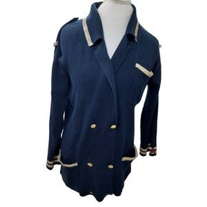 Carole Little Womens L Navy Blue Cardigan Sweater Double Breast Buttons Nautical